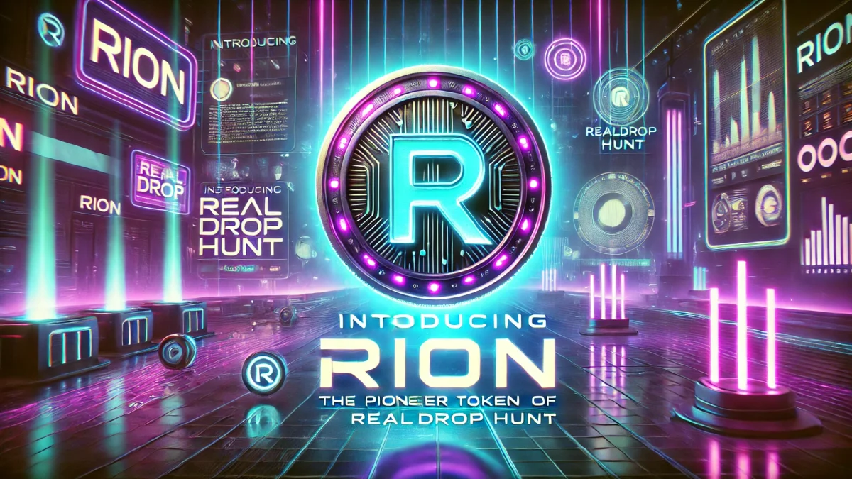 DALL·E 2025 08 21 16.43.23 A cyberpunk style promotional banner featuring a futuristic glowing coin with a neon 'R' in the center, inspired by the provided RION coin image. The