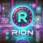 DALL·E 2025 08 21 16.43.23 A cyberpunk style promotional banner featuring a futuristic glowing coin with a neon 'R' in the center, inspired by the provided RION coin image. The