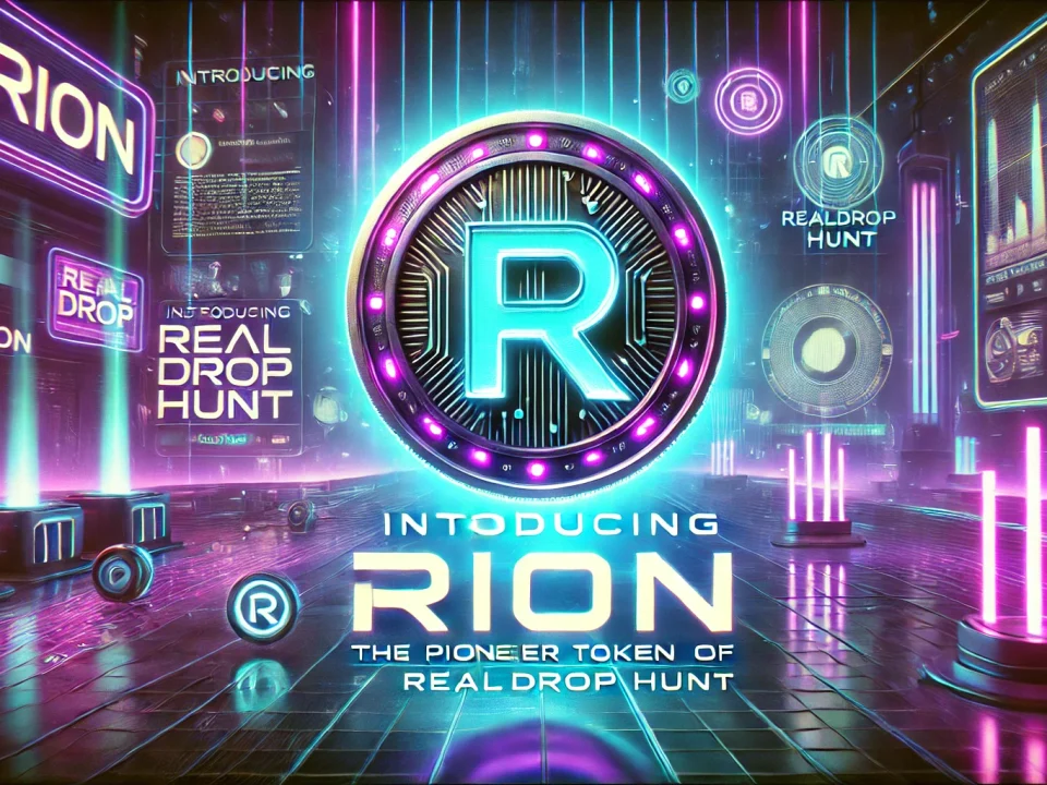 DALL·E 2025 08 21 16.43.23 A cyberpunk style promotional banner featuring a futuristic glowing coin with a neon 'R' in the center, inspired by the provided RION coin image. The